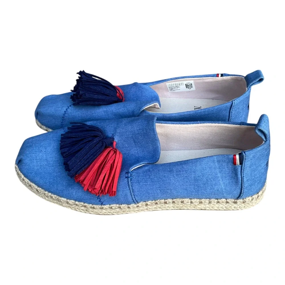 Clare V. x TOMS Women's 8 Blue Chambray Espadrille Tassel Slip On Shoes Flat